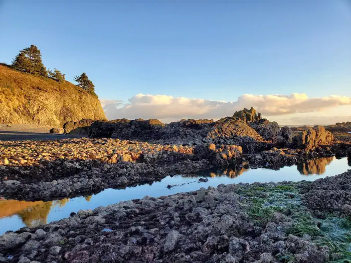 A pool of water and gray rocks against a sunny cliff.